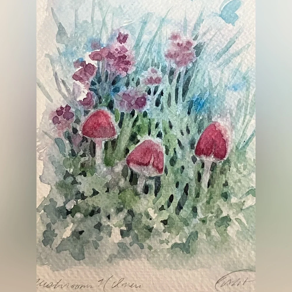 Original Mushrooms butterfly painting floral landscape art nature Artettina USA - Picture 3 of 5